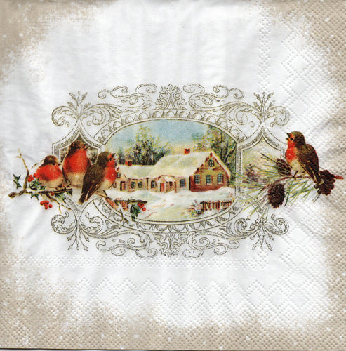 Servetel de Colectie Craciun  Medalion cu Pasarele si Case Inzapezite  33.00X33.00 cm