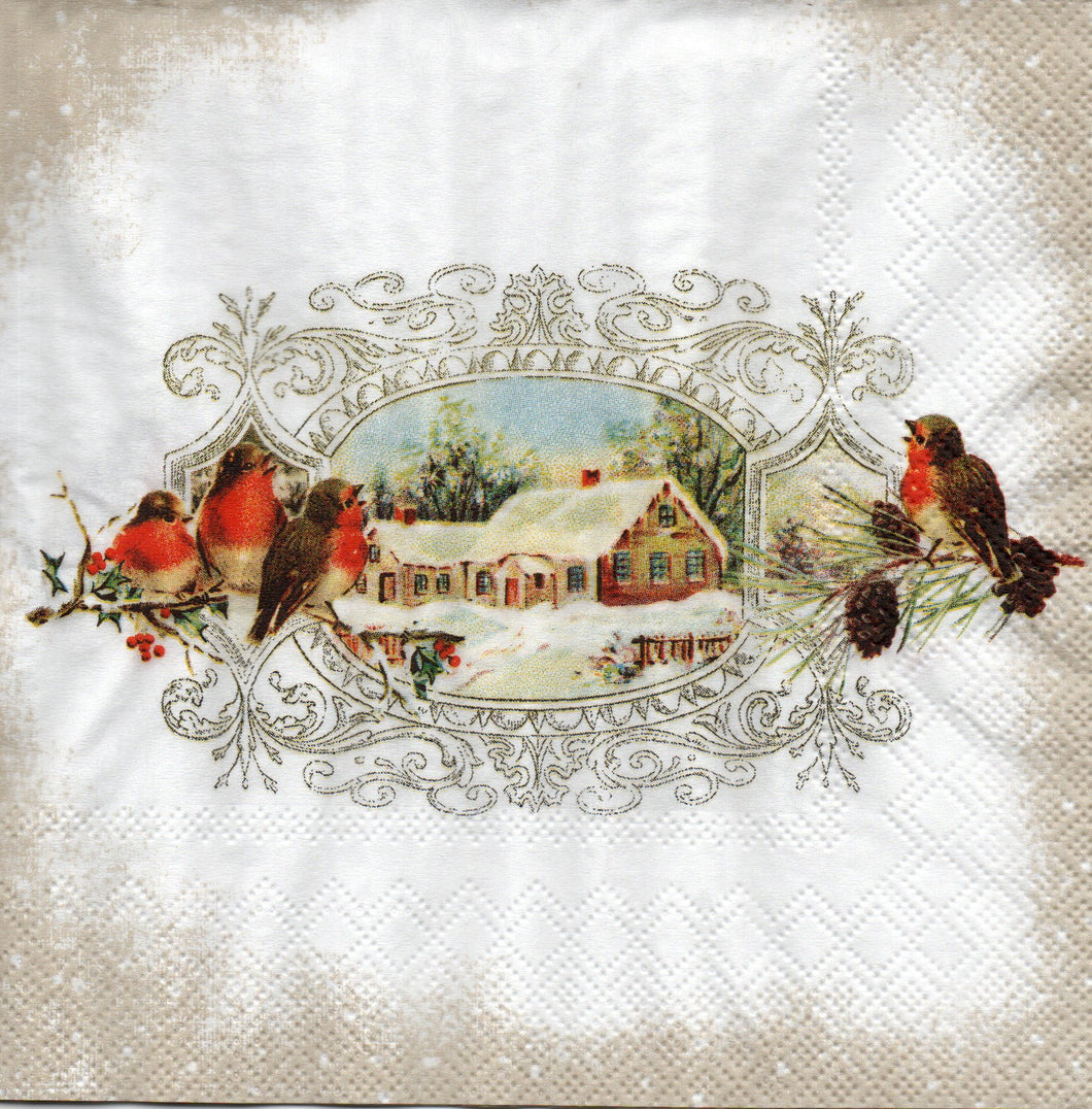 Servetel de Colectie Craciun  Medalion cu Pasarele si Case Inzapezite  33.00X33.00 cm
