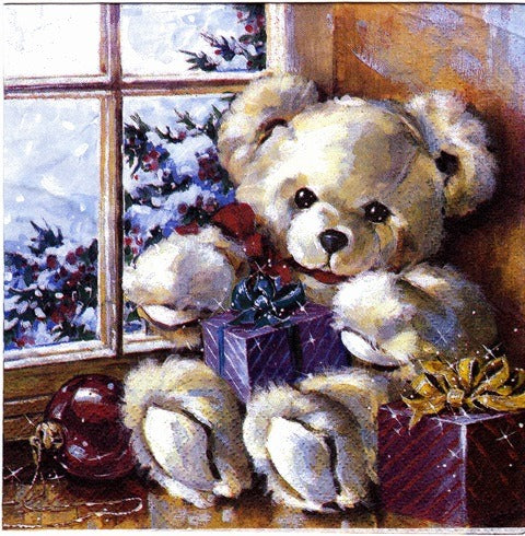 Servetel de Colectie Craciun pentru Tehnica Decoupage Colectionari Un Ursulet la Geam cu Cadouri 33x33 cm