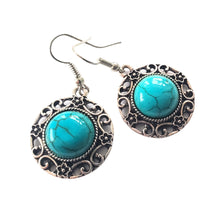 Încărcați imaginea în Galerie, Bijuterii Set de Cercei Atarnatori Cabochon Rotund din Piatra Semipretioasa Turcoaz Albastru Filigran Cadou doamne ziua mamei femeii doamnisoare 20 mm