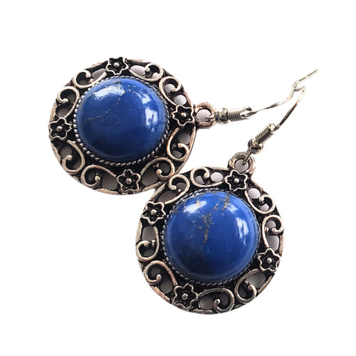 Bijuterii Set de Cercei Atarnatori Cabochon Rotund din Piatra Semipretioasa Turcoaz Albastru Intens Filigran