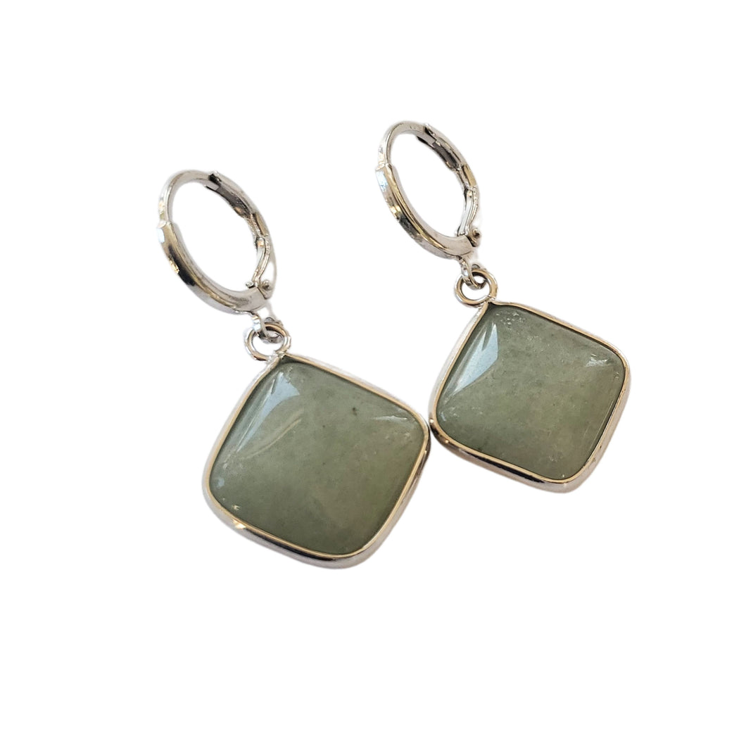 Set de Bijuterii Cercei cu Piatra Semi-Pretioasa pe Montura Metalica cu Cabochon de Aventurin Verde Romb Patrat 18 mm