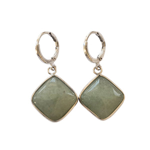 Set de Bijuterii Cercei cu Piatra Semi-Pretioasa pe Montura Metalica cu Cabochon de Aventurin Verde Romb Patrat 18 mm Argint tibetan