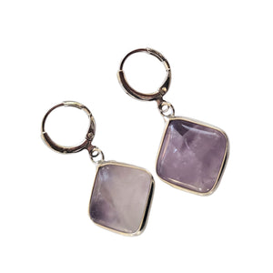 Cercei cu Pietre SemiPretioase pe Montura Metalica cu Cabochon de Ametist Mov Purple Romb Patrat 18 mm