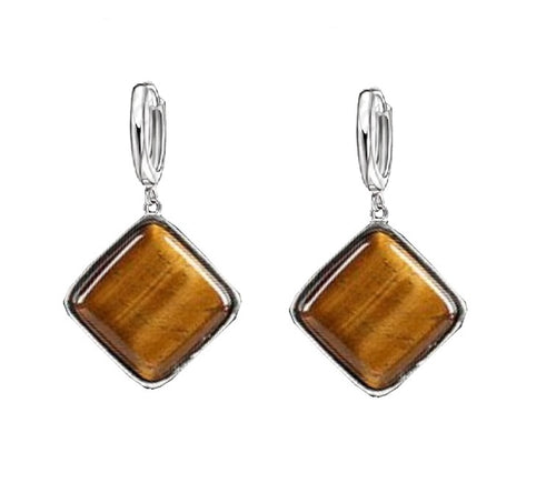 Set de Bijuterii Cercei cu Piatra Semi-Pretioasa pe Montura Metalica cu Cabochon de Ochi de Tigru Romb Patrat 18 mm