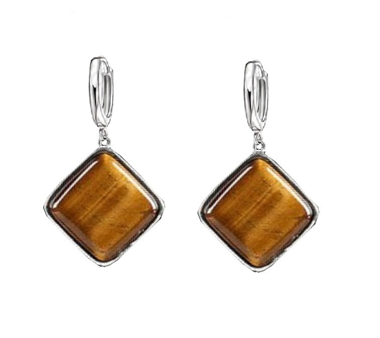 Set de Bijuterii Cercei cu Piatra Semi-Pretioasa pe Montura Metalica cu Cabochon de Ochi de Tigru Romb Patrat 18 mm