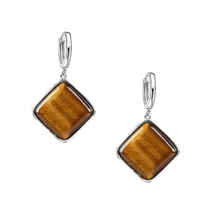 Set de Bijuterii Cercei cu Piatra Semi-Pretioasa pe Montura Metalica cu Cabochon de Ochi de Tigru Romb Patrat 18 mm argint tibetan