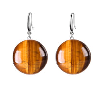 Încărcați imaginea în Galerie, Bijuterii Set de Cercei Atarnatori Cabochon Rotund din Piatra Semi-Pretioasa Ochi de Tigru Maro 3D 20 mm tortite argint tibetan