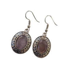 Încărcați imaginea în Galerie, Bijuterii Set de Cercei Atarnatori Cabochon Oval din Piatra Semipretioasa Ametist Mov Purple Infinit Montura metalica