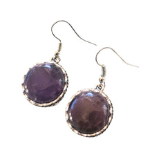 Încărcați imaginea în Galerie, Bijuterii Set de Cercei Atarnatori Cabochon Rotund din Piatra Semipretioasa Ametist Mov Purple Round montura metalica baza argint