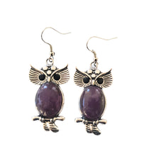 Încărcați imaginea în Galerie, Bijuterii Set de Cercei Atarnatori Cabochon Oval Piatra Semipretioasa Ametist Mov Purple Bufnita argint tibetan