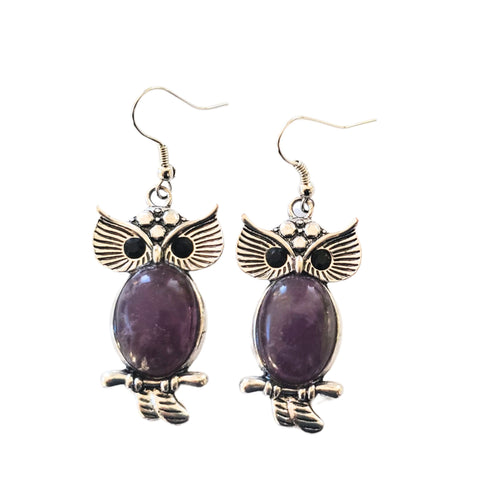 Bijuterii Set de Cercei Atarnatori Cabochon Oval Piatra Semipretioasa Ametist Mov Purple Bufnita argint tibetan