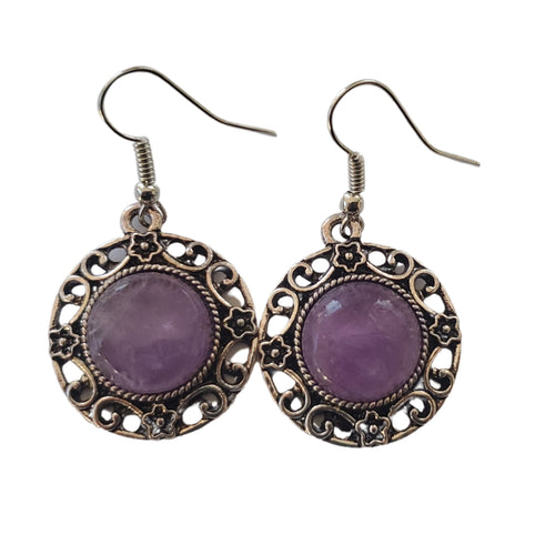 Bijuterii Set de Cercei Atarnatori Cabochon Rotund din Piatra Semipretioasa Ametist Mov Purple Filigran