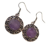 Încărcați imaginea în Galerie, Bijuterii Set de Cercei Atarnatori Cabochon Rotund din Piatra Semipretioasa Ametist Mov Purple Filigran montura baza metalica argint tibetan
