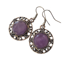 Încărcați imaginea în Galerie, Bijuterii Set de Cercei Atarnatori Cabochon Rotund din Piatra Semipretioasa Ametist Mov Purple Filigran pietre semipretioase