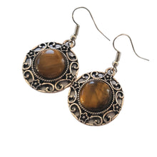 Încărcați imaginea în Galerie, Bijuterii Set de Cercei Atarnatori Cabochon Rotund din Piatra Semipretioasa Ochi de Tigru Maro Filigran