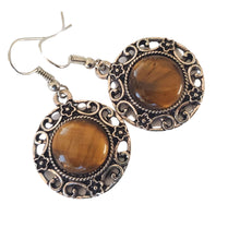 Încărcați imaginea în Galerie, Bijuterii Set de Cercei Atarnatori Cabochon Rotund din Piatra Semipretioasa Ochi de Tigru Maro Filigran pietre semipretioase