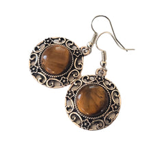 Încărcați imaginea în Galerie, Bijuterii Set de Cercei Atarnatori Cabochon Rotund din Piatra Semipretioasa Ochi de Tigru Maro Filigran 18x18 mm