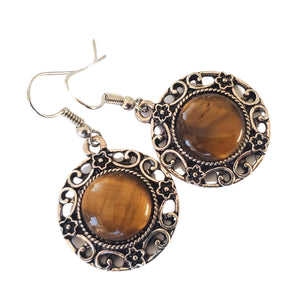 Bijuterii Set de Cercei Atarnatori Cabochon Rotund din Piatra Semipretioasa Ochi de Tigru Maro Filigran