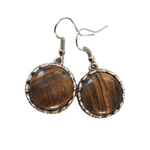 Încărcați imaginea în Galerie, Bijuterii Set de Cercei Atarnatori Cabochon Rotund din Piatra Semipretioasa Ochi de Tigru Maro Round montura metalica pietre semipretioase