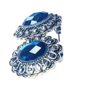Bijuterii Set de Cercei cu Marcasite Butoni Ovali Floare Cristale si Strasuri Argint Antichizat Albastru Regal 26 mm Antic