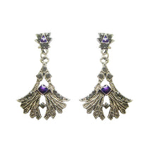 Încărcați imaginea în Galerie, Bijuterii Set de Cercei cu Marcasite Atanatori Lacrima Floare Cristale si Strasuri Argint Antichizat Mov 42 mm Argintati