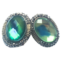 Încărcați imaginea în Galerie, Bijuterii Set de Cercei cu Marcasite Butoni Ovali Cristale si Strasuri Verde-Turcoaz 22 mm
