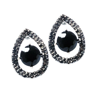 Bijuterii Set de Cercei cu Marcasite Cristale si Strasuri Picatura Lacrima Cabochon Negru cu Argintiu 25 mm Huggy