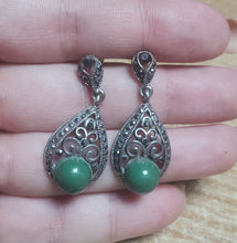 Încărcați imaginea în Galerie, Cercei cu Marcasite Cristale si Strasuri Argint Tibetan Lacrima Perla Imitatie Verde