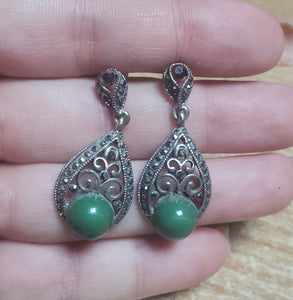 Cercei cu Marcasite Cristale si Strasuri Argint Tibetan Lacrima Perla Imitatie Verde