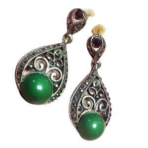 Cercei cu Marcasite Cristale si Strasuri Argint Tibetan Lacrima Perla Imitatie Verde