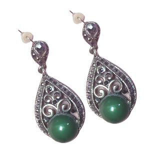 Cercei cu Marcasite Cristale si Strasuri Argint Tibetan Lacrima Perla Imitatie Verde