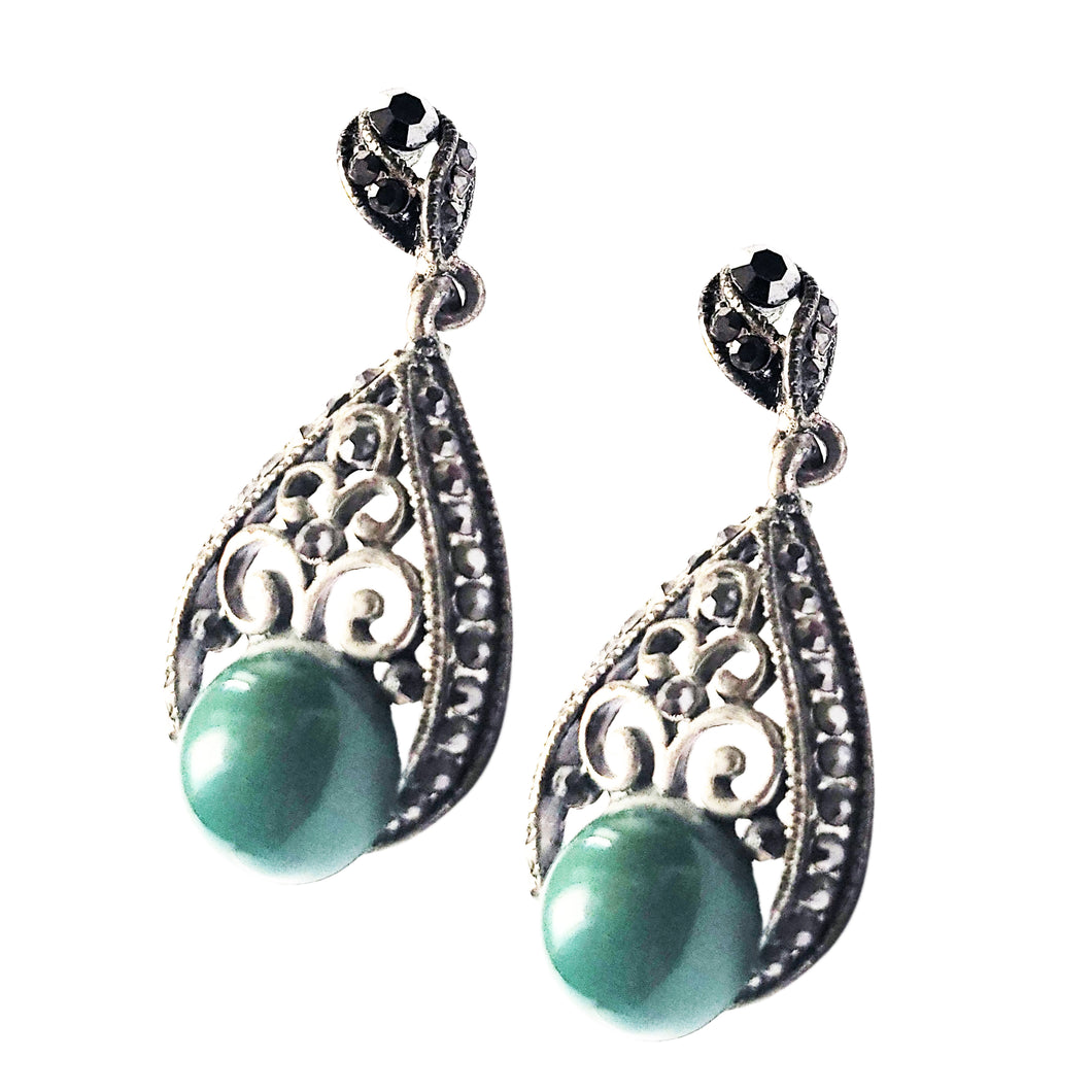 Cercei cu Marcasite Cristale si Strasuri Argint Tibetan Lacrima Perla Imitatie Verde