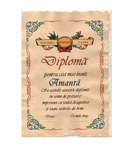 Diploma Pergament Cadou cu Mesaj Personalizat Dedicatie Cea Mai Buna Amanta 29 cm