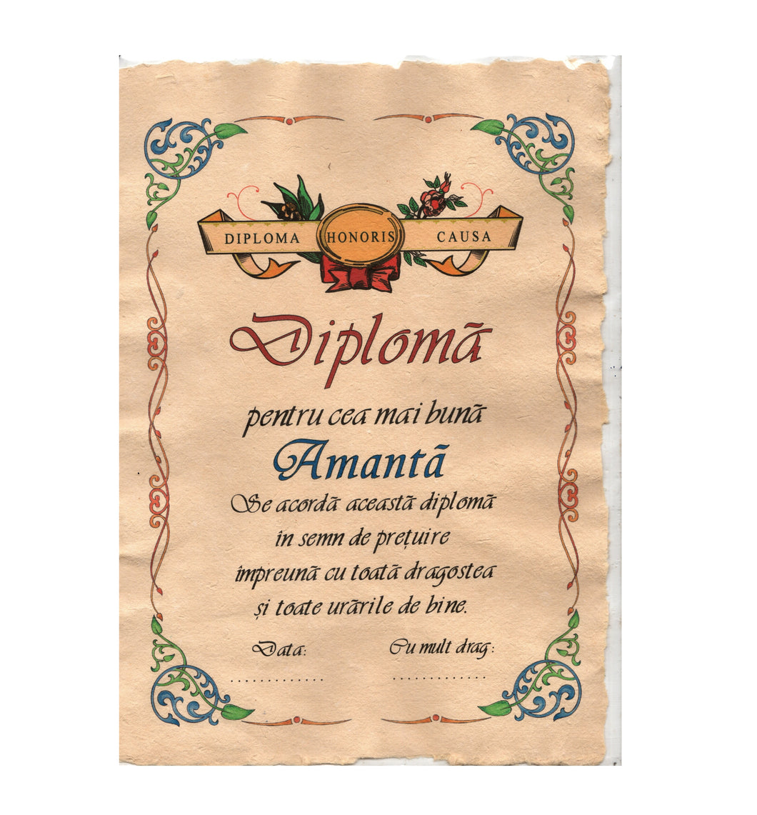 Diploma Pergament Cadou cu Mesaj Personalizat Dedicatie Cea Mai Buna Amanta 29 cm