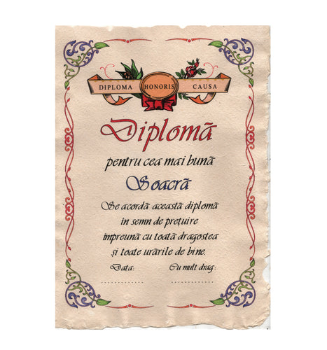 Diploma Personalizata Pergament Cadou cu Mesaj Dedicatie pentru Cea Mai Buna Soacra 29 cm