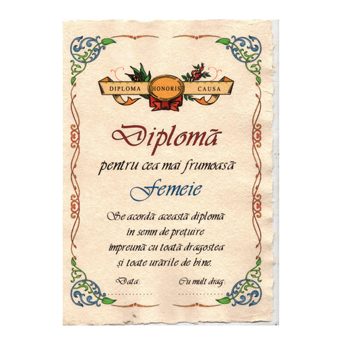 Diploma Personalizata Pergament Cadou cu Mesaj Dedicatie pentru Cea Mai Buna Femeie 29 cm Urare La multi ani