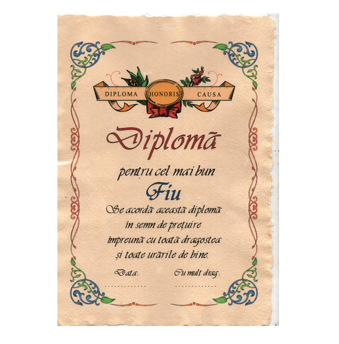 Diploma Personalizata Pergament Cadou cu Mesaj Dedicatie pentru Cel Mai Bun Fiu 29 cm urare la multi ani aniversare