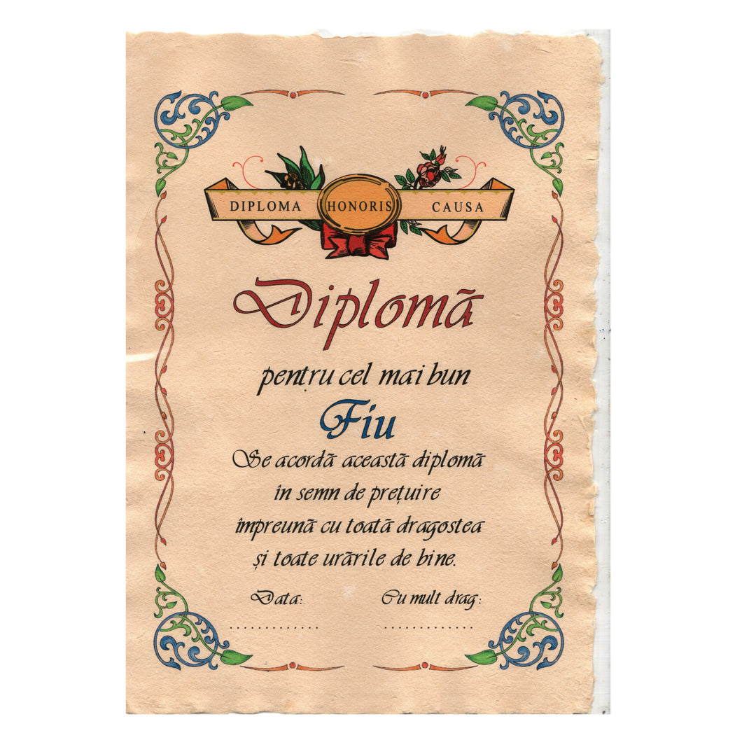 Diploma Personalizata Pergament Cadou cu Mesaj Dedicatie pentru Cel Mai Bun Fiu 29 cm urare la multi ani aniversare