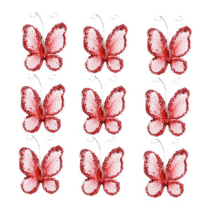 Fluturi din Saten Tul Organza cu Strasuri Decorativi Lipit Cusut Rosii Set 10 buc Glitter 