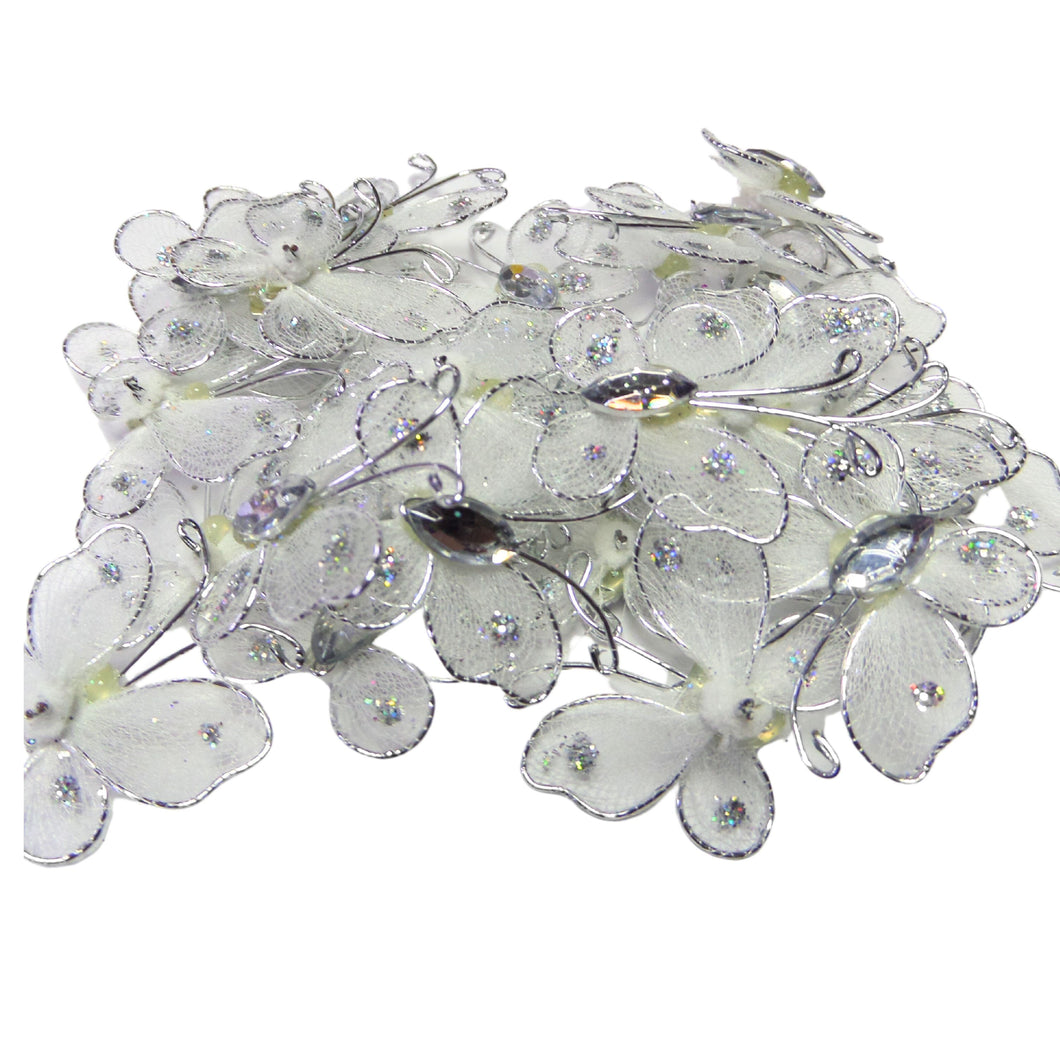 Fluturi din Saten Tul Organza cu Strasuri Decorativi Cocarde Accesorii Lipit Cusut Alb Set 10 buc