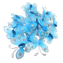 Încărcați imaginea în Galerie, Fluturi din Saten Tul Organza cu Strasuri Decorativi de Lipit Cusut Albastru Turcoaz Bleu Set 10 buc 2.50 cm