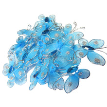 Încărcați imaginea în Galerie, Fluturi din Saten Tul Organza cu Strasuri Decorativi de Lipit Cusut Albastru Turcoaz Bleu Set 10 buc 2.50 cm