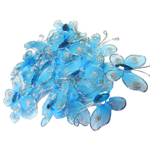 Fluturi din Saten Tul Organza cu Strasuri Decorativi de Lipit Cusut Albastru Turcoaz Bleu Set 10 buc 2.50 cm