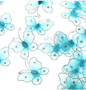 Fluturi din Saten Tul Organza cu Strasuri Decorativi de Lipit Cusut Albastru Turcoaz Bleu Set 10 buc 2.50 cm