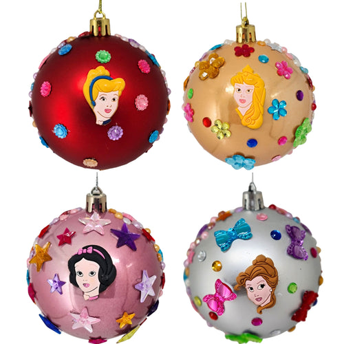 Set Globuri de Craciun Disney pentru Copii Brad Pom Princess Team Belle Alba ca Zapada Cenusareasa Aurora 4 buc 8 cm