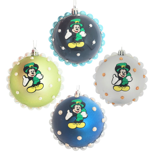 Set Globuri de Craciun Disney pentru Copii Brad Pom Mickey Mouse Lucky Green 4 buc 8 cm CU perle