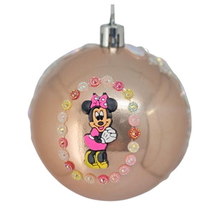 Set Globuri de Craciun Disney pentru Copii Brad Pom Minnie Mouse Pink Happy 4 buc 8 cm cu strasuri si perle