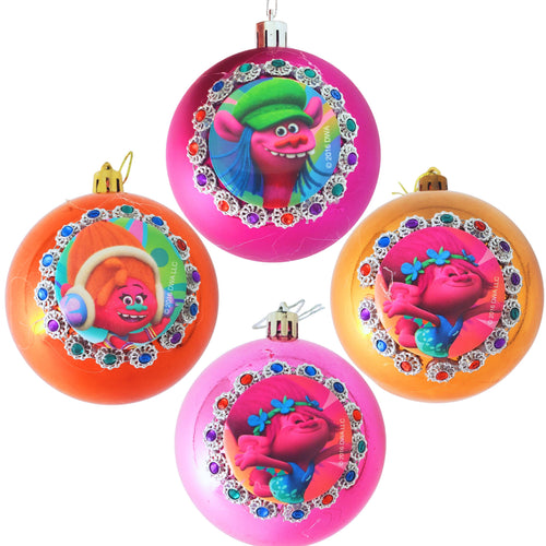 Set Globuri de Craciun Disney pentru Copii Brad Pom Trolls Parosii Poppy Orange Metal 4 buc 8 cm