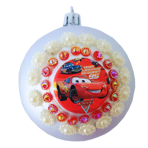 Set Globuri de Craciun Disney pentru Copii Brad Pom Cars Fulger McQueen Pearl Metal 4 buc 8 cm Argintii Silver 80mm